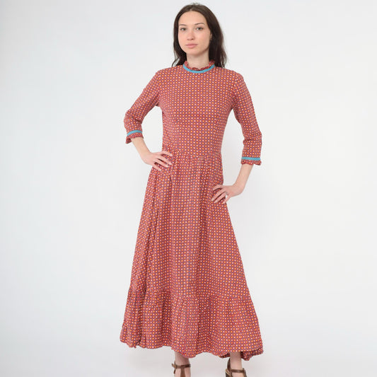 70s Red Calico Floral Maxi Dress High Waisted 3/4 Sleeve Ruffle Trim Small