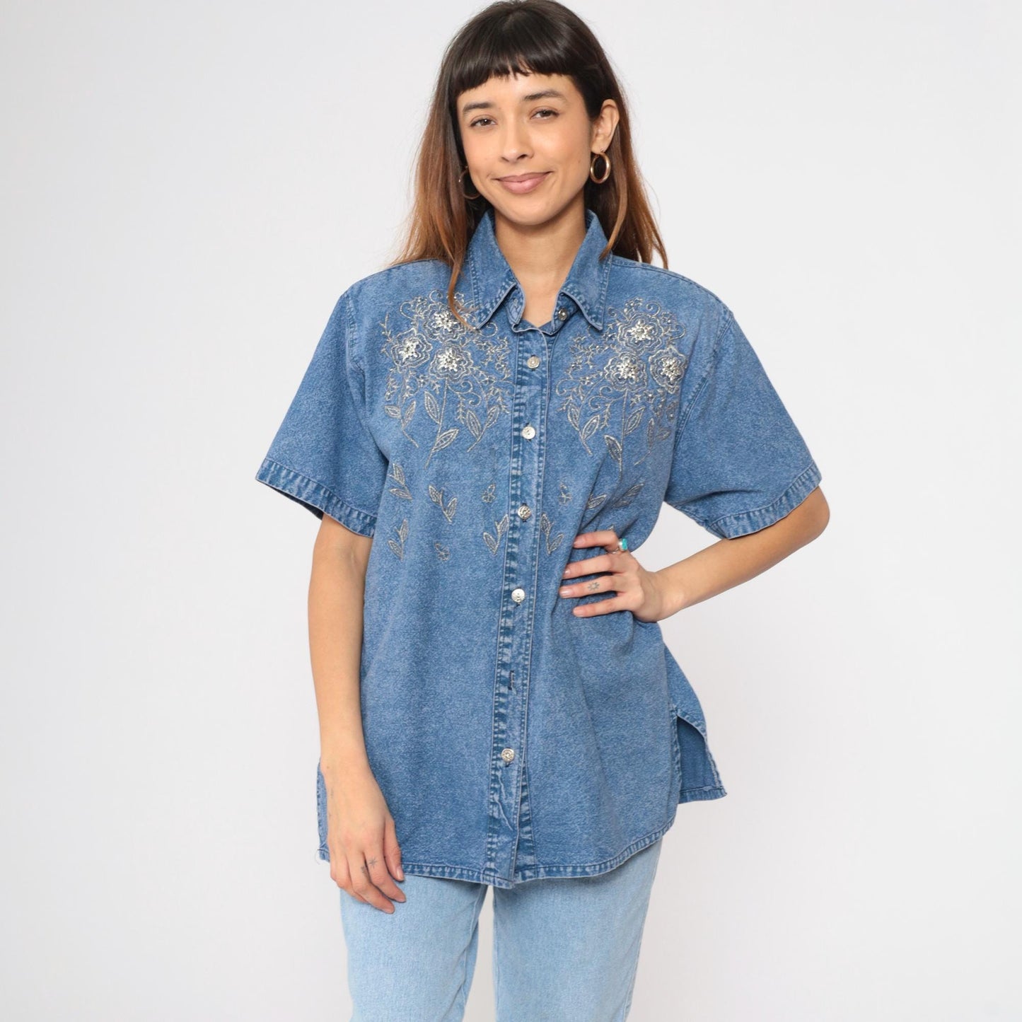 90s Club Z Denim Shirt Metallic Floral Embroidered Beaded Acid Wash Blue Medium M