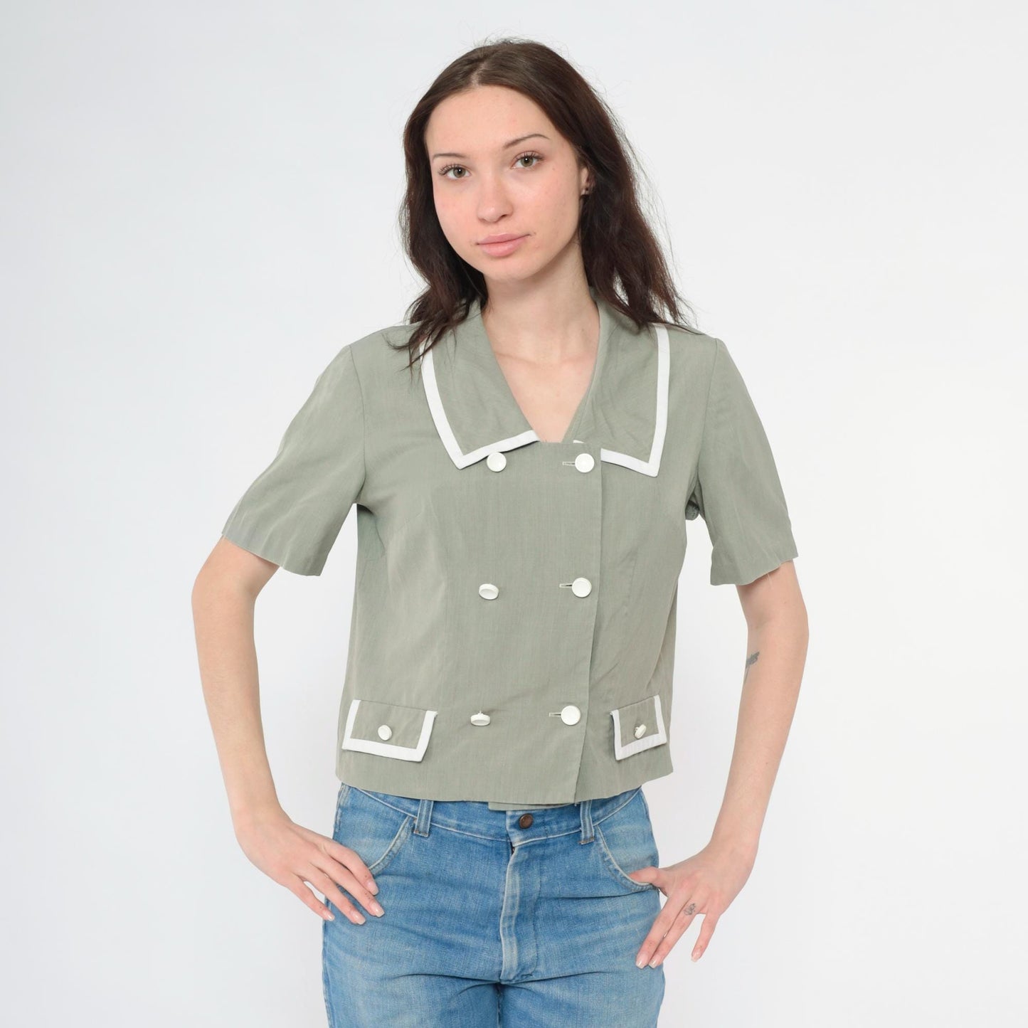 80s Grey Double Breasted Blouse Short Sleeve Button Up Medium M