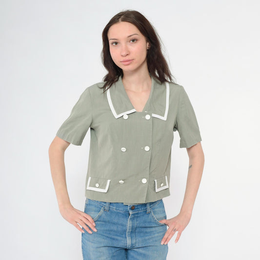 80s Grey Double Breasted Blouse Short Sleeve Button Up Medium M