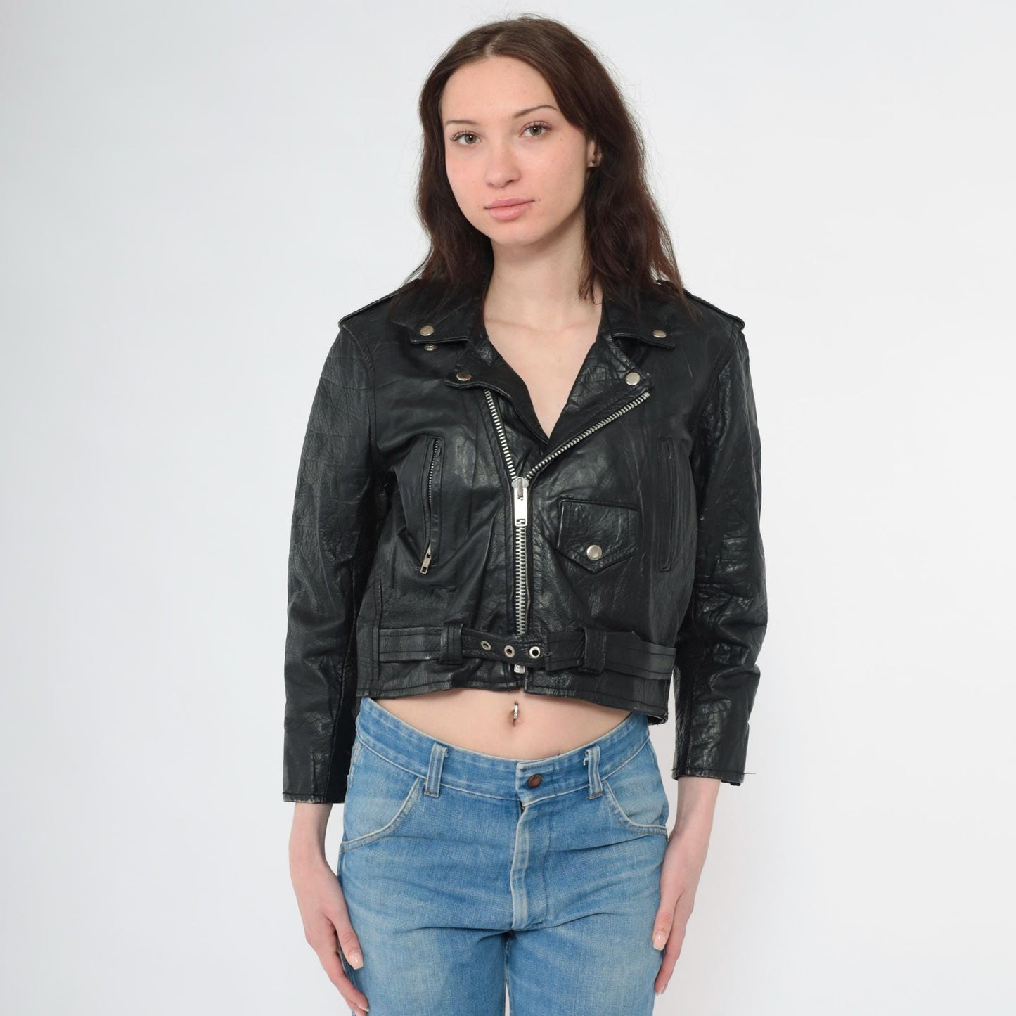 90s Black Leather Biker Jacket Cropped Moto Zip Epaulette Extra Small XS