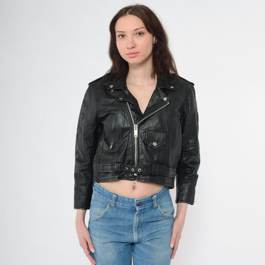 90s Black Leather Biker Jacket Cropped Moto Zip Epaulette Extra Small XS