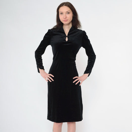 80s Black Velour Midi Dress Keyhole Neckline Long Sleeve Fitted Small