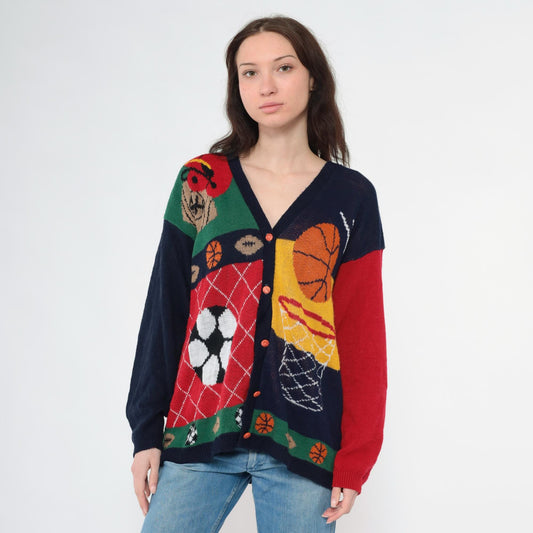 90s Cabin Creek Sports Cardigan Novelty Knit Basketball Football Soccer Plus Size XL