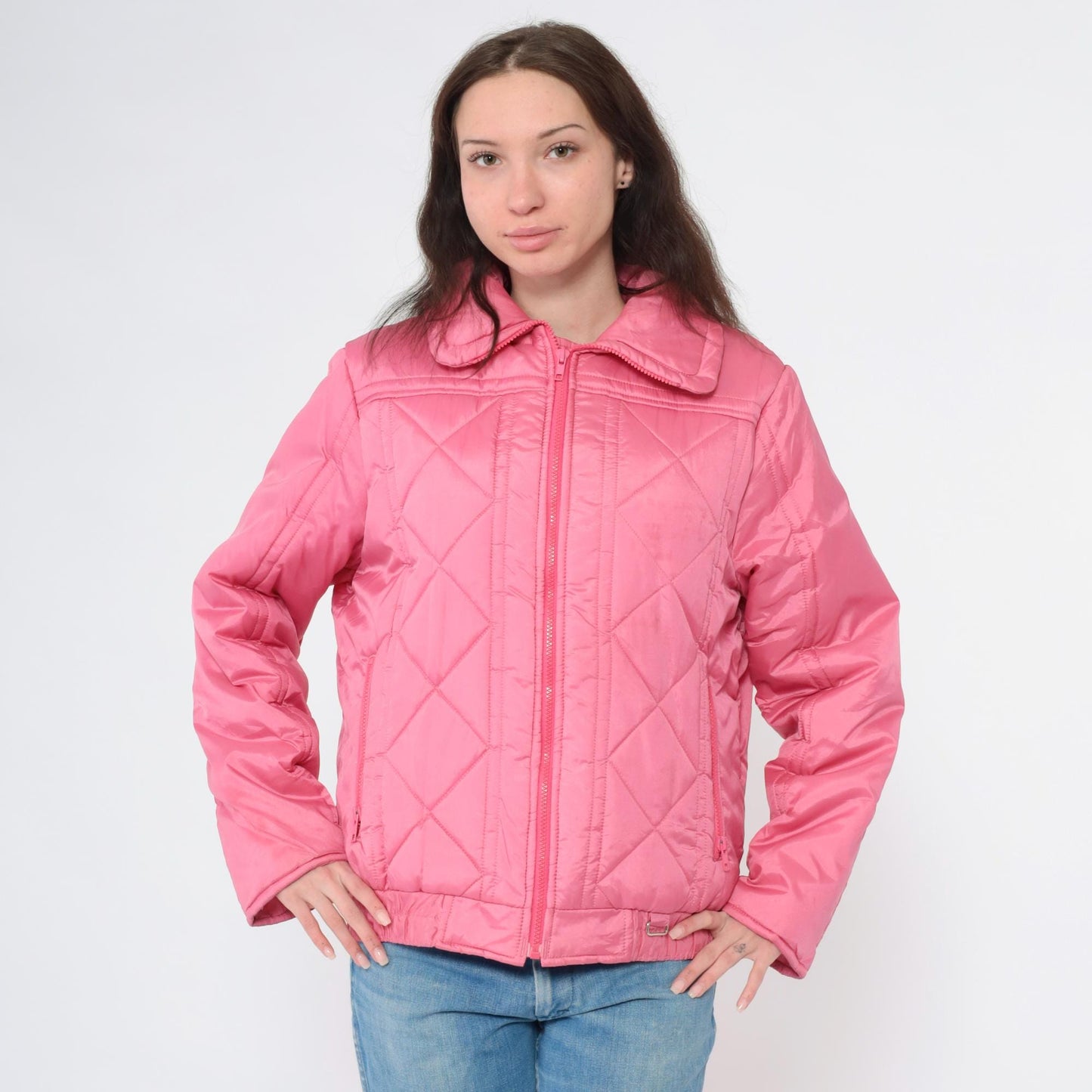 80s Pink Quilted Puffer Ski Jacket Zip-Up Winter Coat Medium