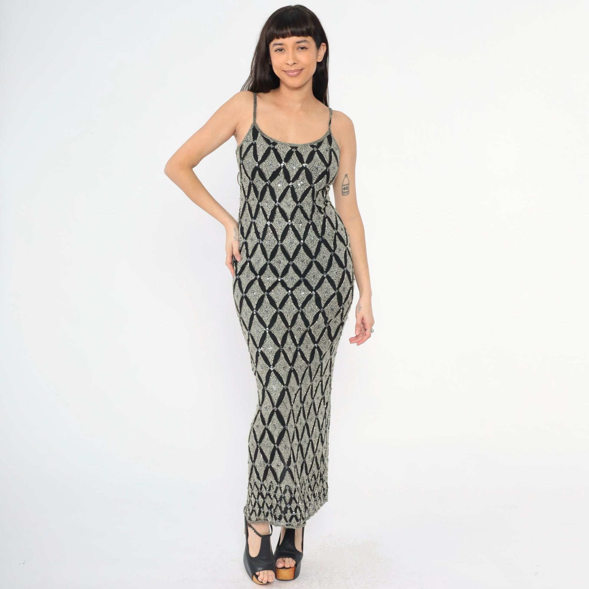 Y2K Adrianna Papell Silk Beaded Maxi Dress Black Silver Sequin Spaghetti Strap Small