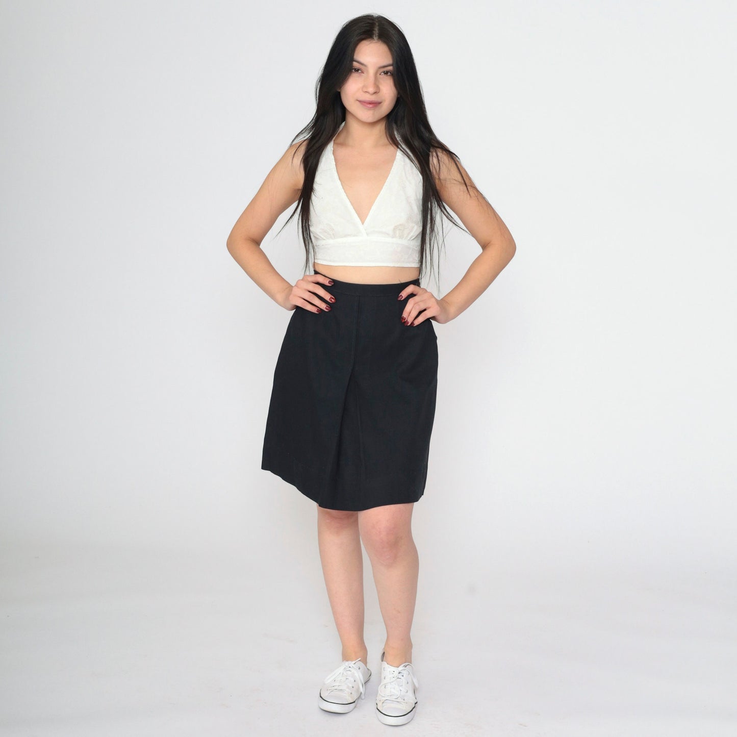 60s Black Pleated Mini Skirt High Waist A-Line Side Zip Extra Small
