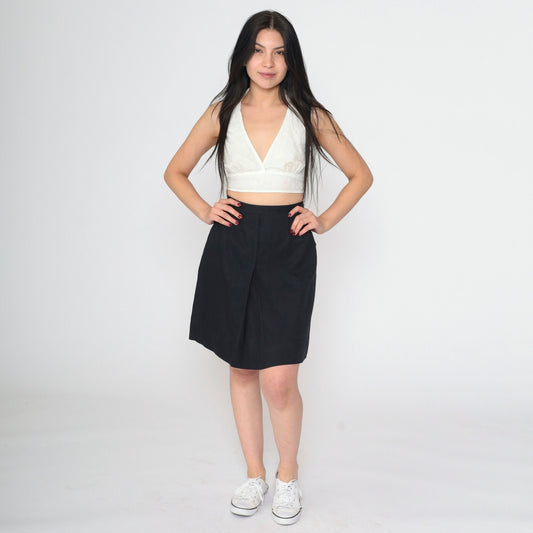 60s Black Pleated Mini Skirt High Waist A-Line Side Zip Extra Small