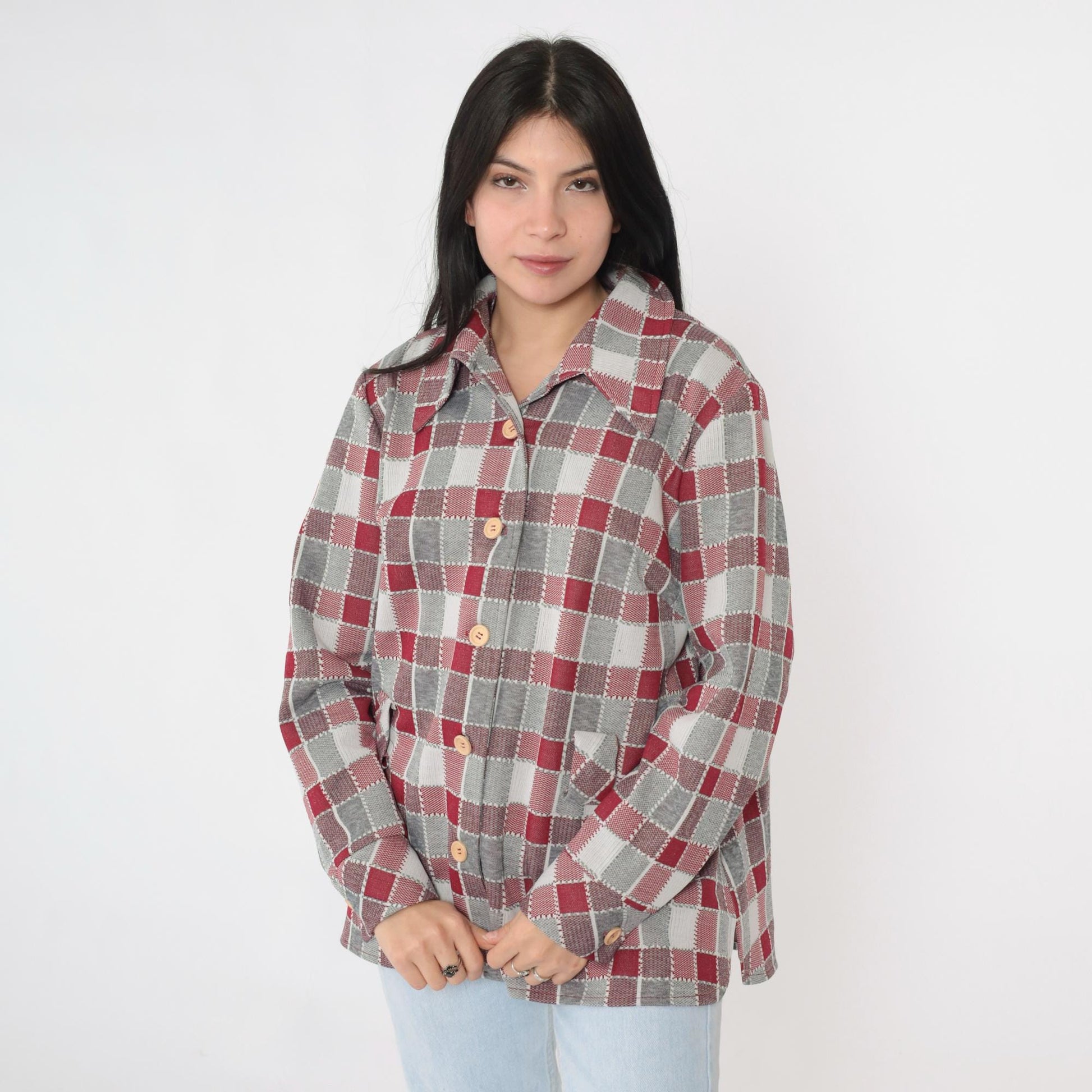 70s Grey Burgundy Plaid Button-Up Shirt Long Sleeve Collared Blouse Extra Large