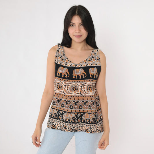 Y2K Elephant Peacock Print Tank Top Scoop Neck Black Orange Medium M