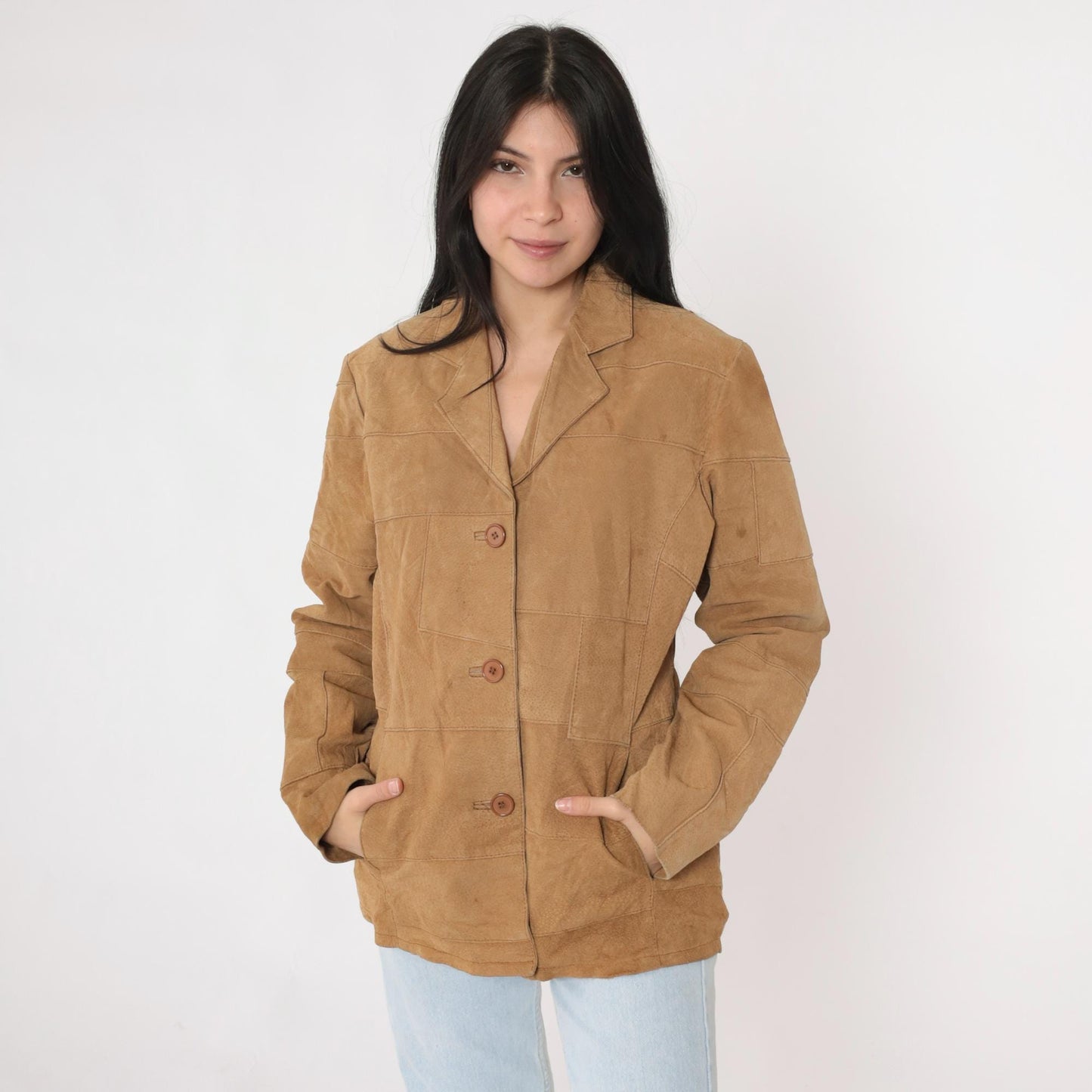 Y2K Tan Suede Leather Jacket Button Front Blazer Medium M