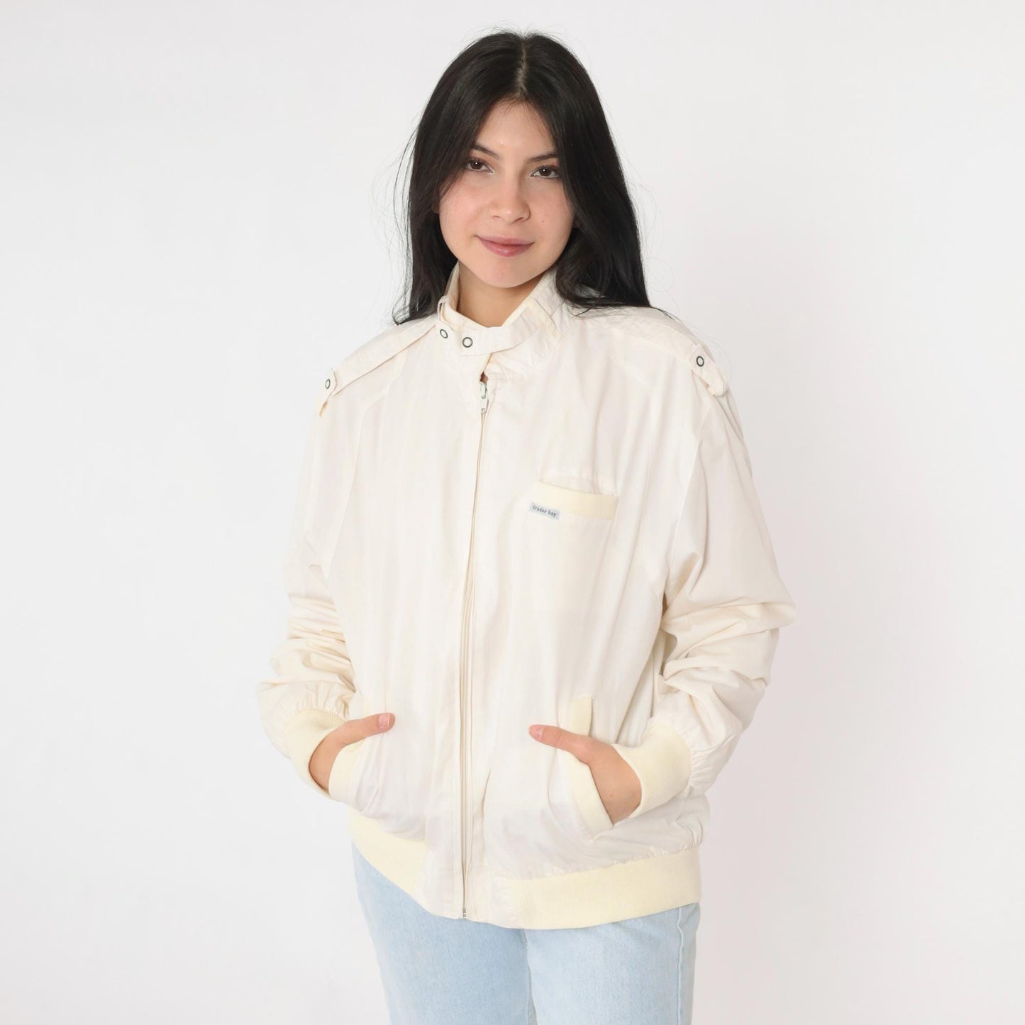 80s Cafe Racer Jacket Ivory Bomber Windbreaker Yellow Trim Epaulette Large L