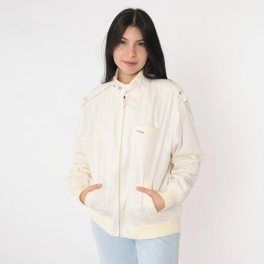 80s Cafe Racer Jacket Ivory Bomber Windbreaker Yellow Trim Epaulette Large L