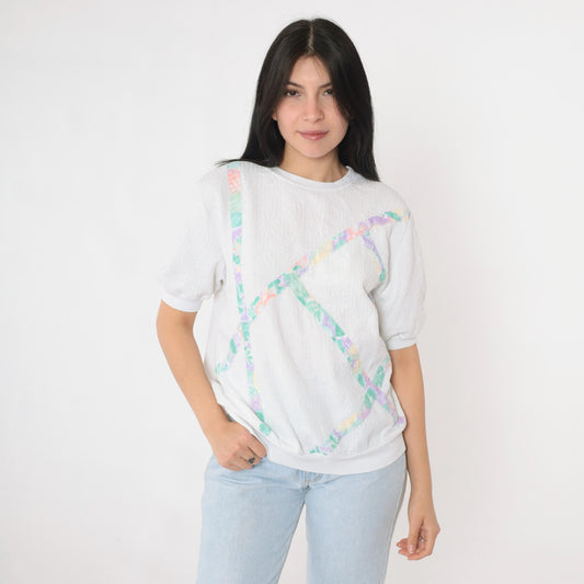 90s White Fruit Print Striped Short Sleeve Shirt Banded Hem Medium
