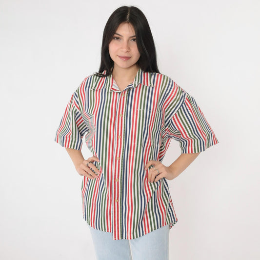 90s Appalachian Trail Striped Cotton Button-Up Shirt Green Blue Red Men's Large