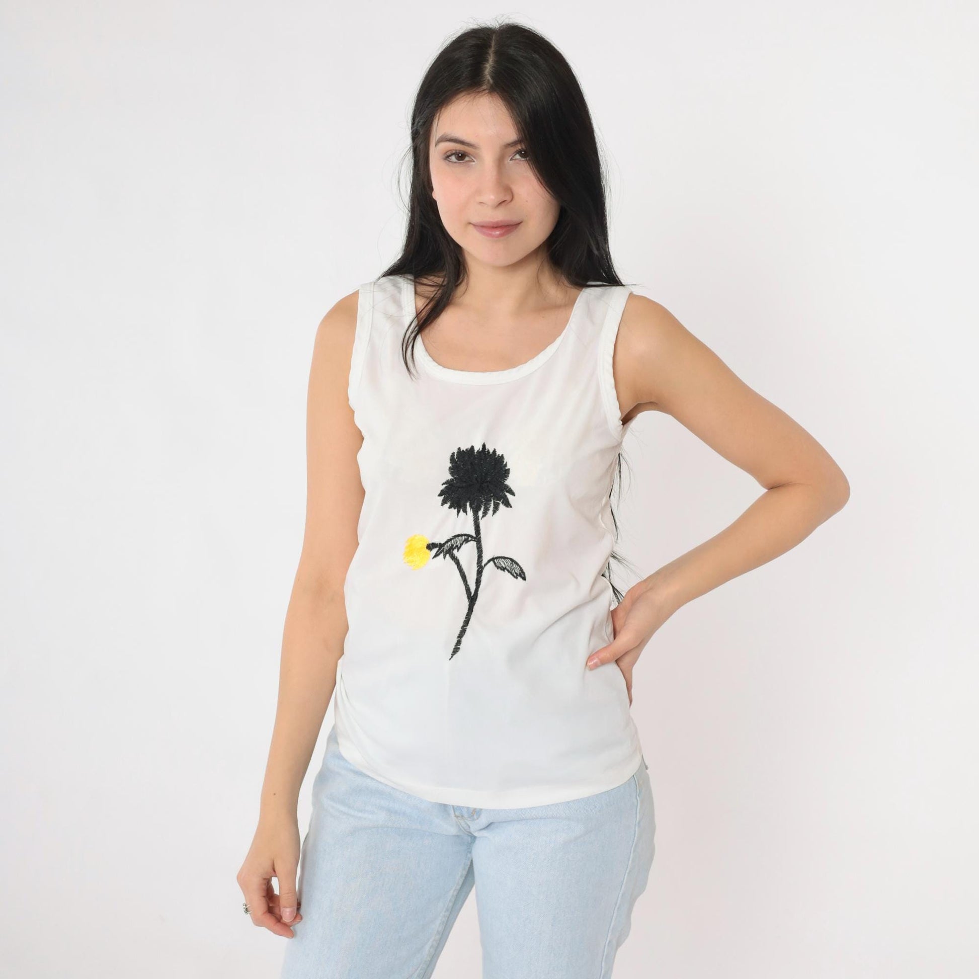 70s White Tank Top Black Yellow Floral Embroidered Rose Scoop Neck Extra Small