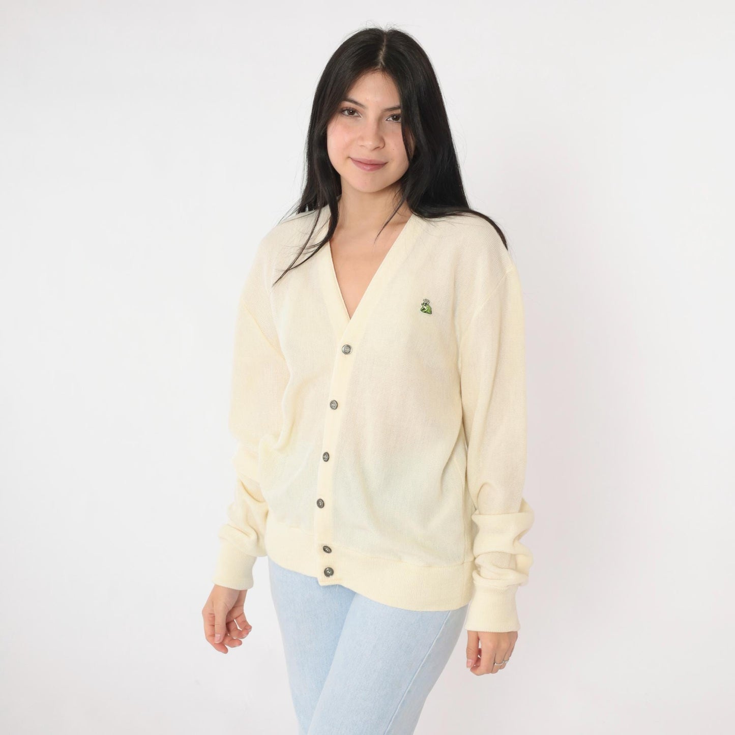 80s Van Cort Cream Cardigan Sweater Crowned Frog Emblem V-Neck Large L