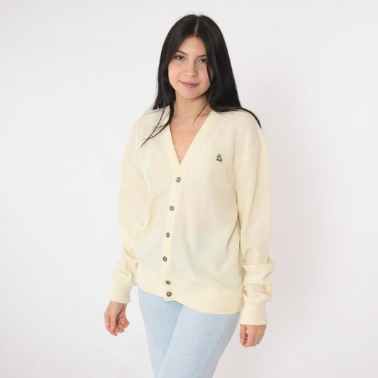 80s Van Cort Cream Cardigan Sweater Crowned Frog Emblem V-Neck Large L
