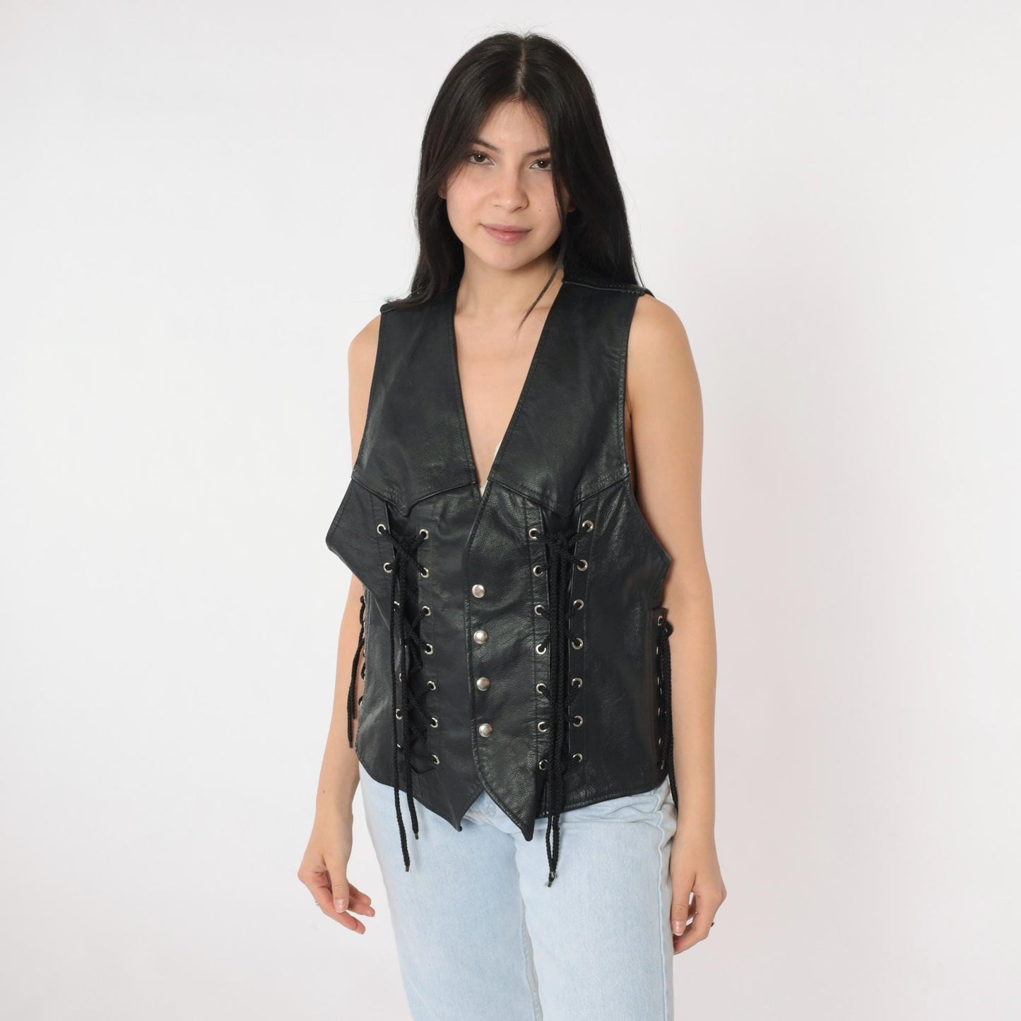 90s Black Leather Lace-Up Vest V-Neck Snap Button Sleeveless Small