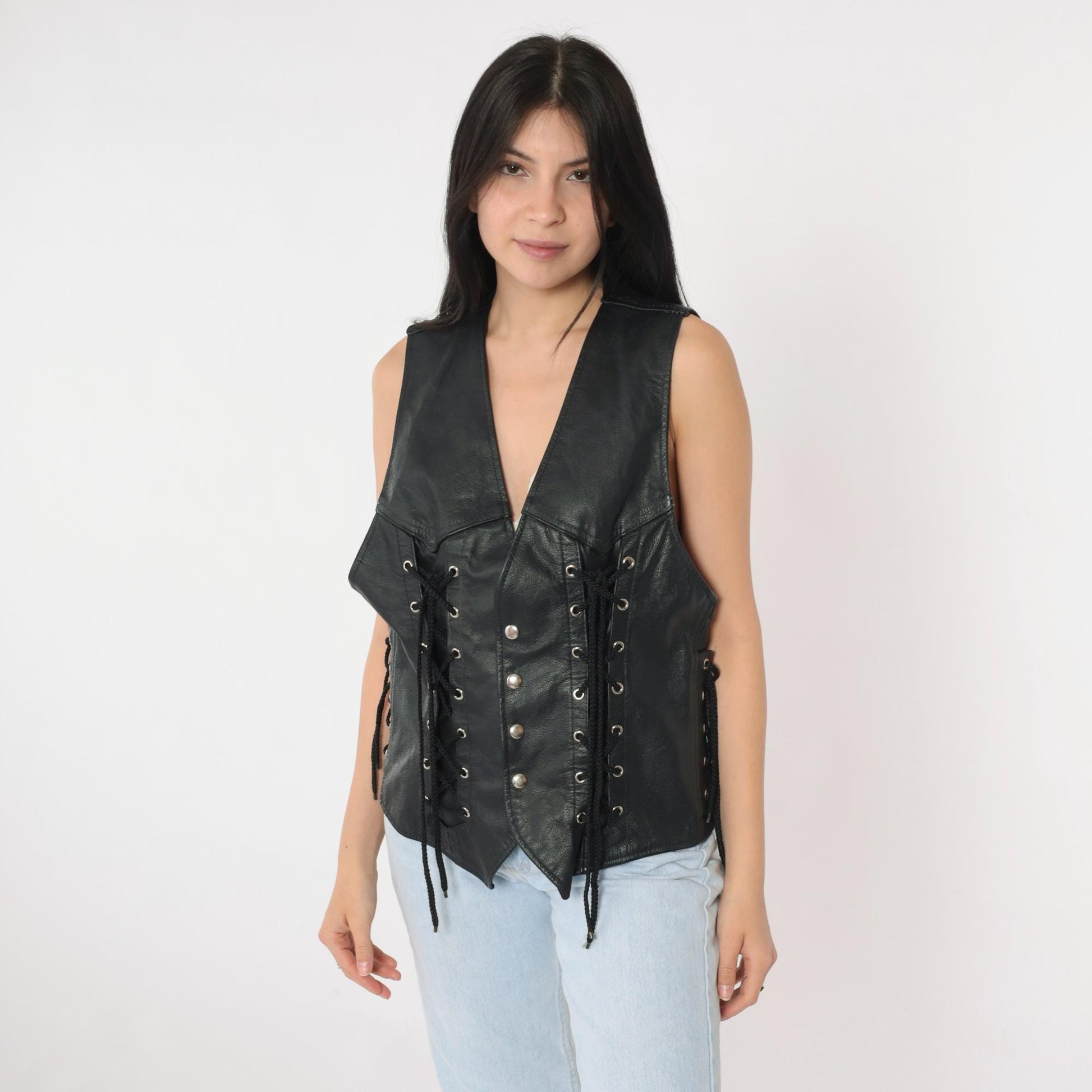 90s Black Leather Lace-Up Vest V-Neck Snap Button Sleeveless Small