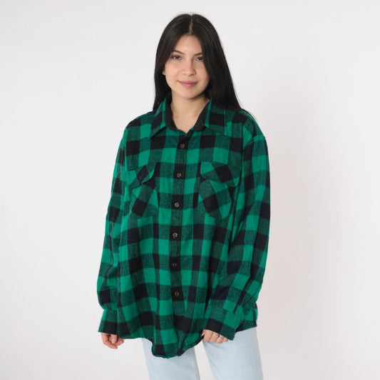 80s Big Yank Buffalo Plaid Shirt Green Button Up Long Sleeve Extra Large XL