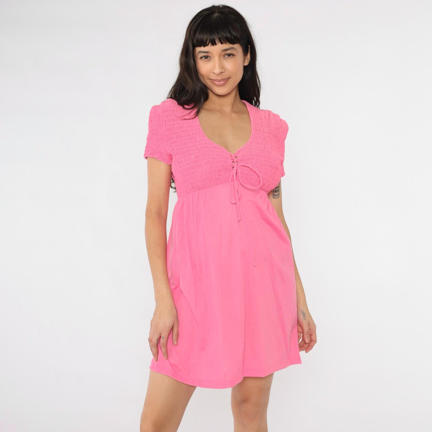 60s Babydoll Dress Bright Pink Smocked Empire Waist Mini Short Sleeve Small