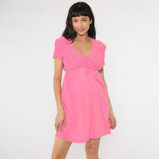 60s Babydoll Dress Bright Pink Smocked Empire Waist Mini Short Sleeve Small