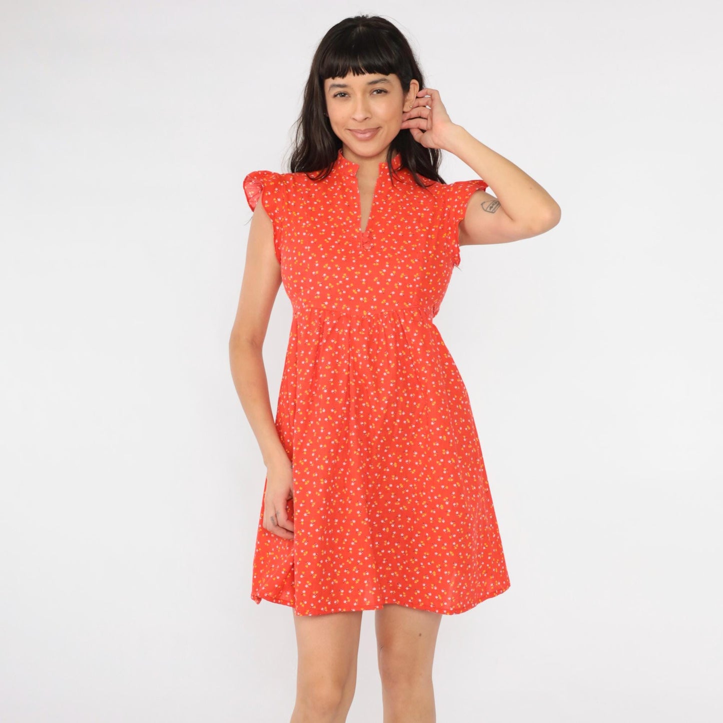 70s Orange Calico Floral Babydoll Mini Dress Empire Waist Flutter Sleeve XS