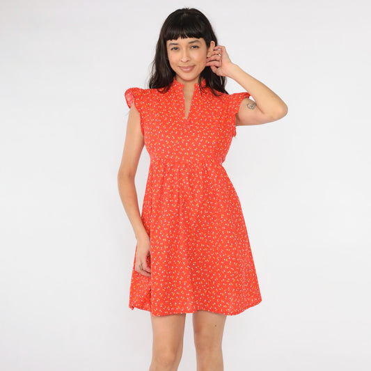 70s Orange Calico Floral Babydoll Mini Dress Empire Waist Flutter Sleeve XS