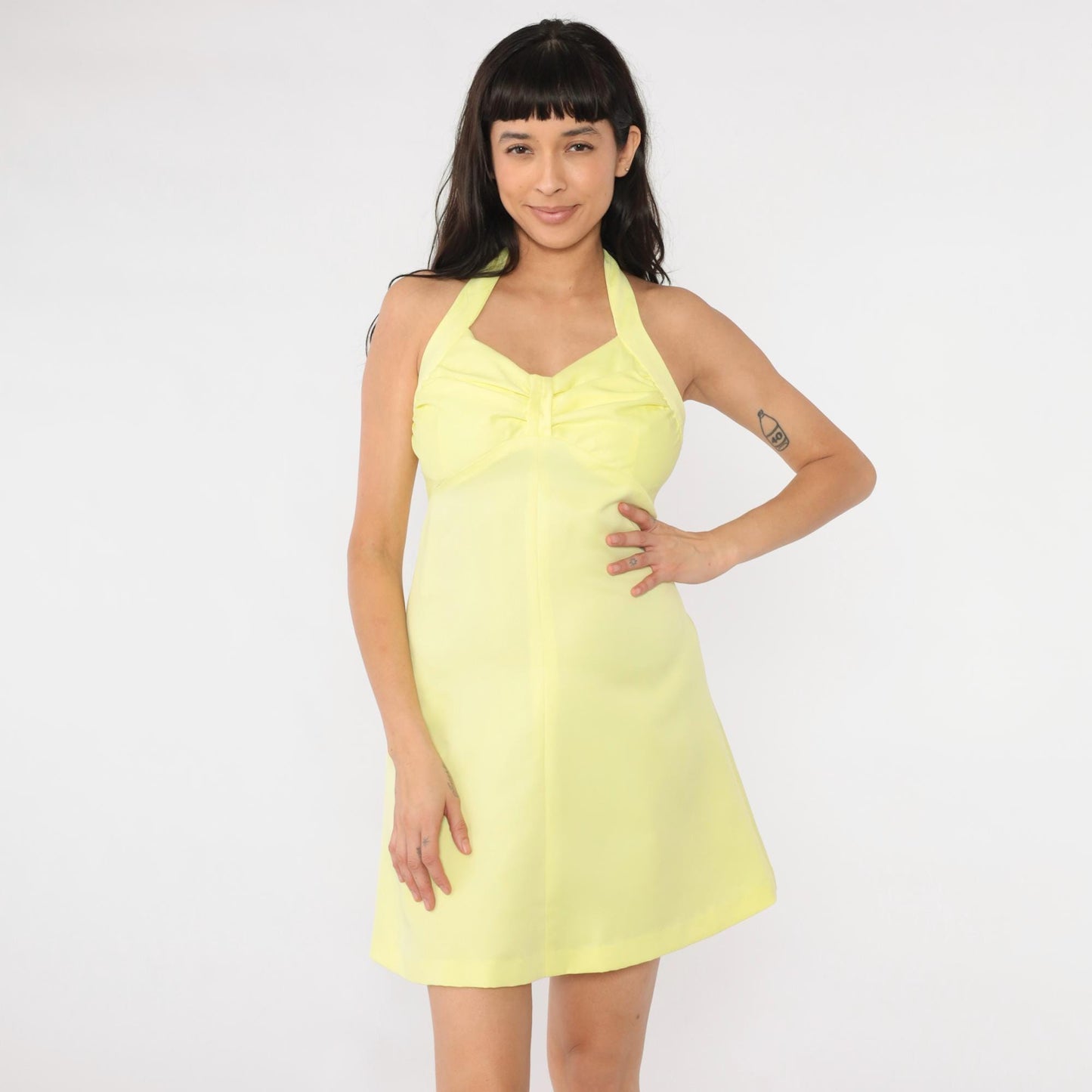 70s Yellow Halter Mini Dress Empire Waist Disco Small