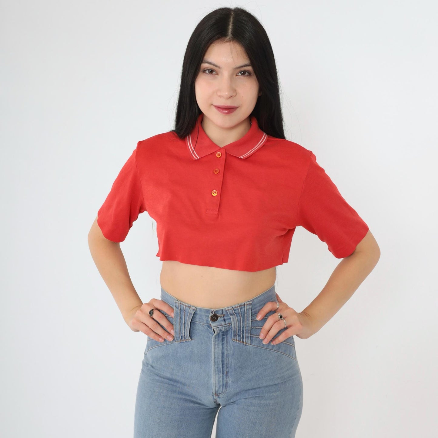 80s Cougar Golf Polo Crop Top Red White Stripe Raw Hem Small S