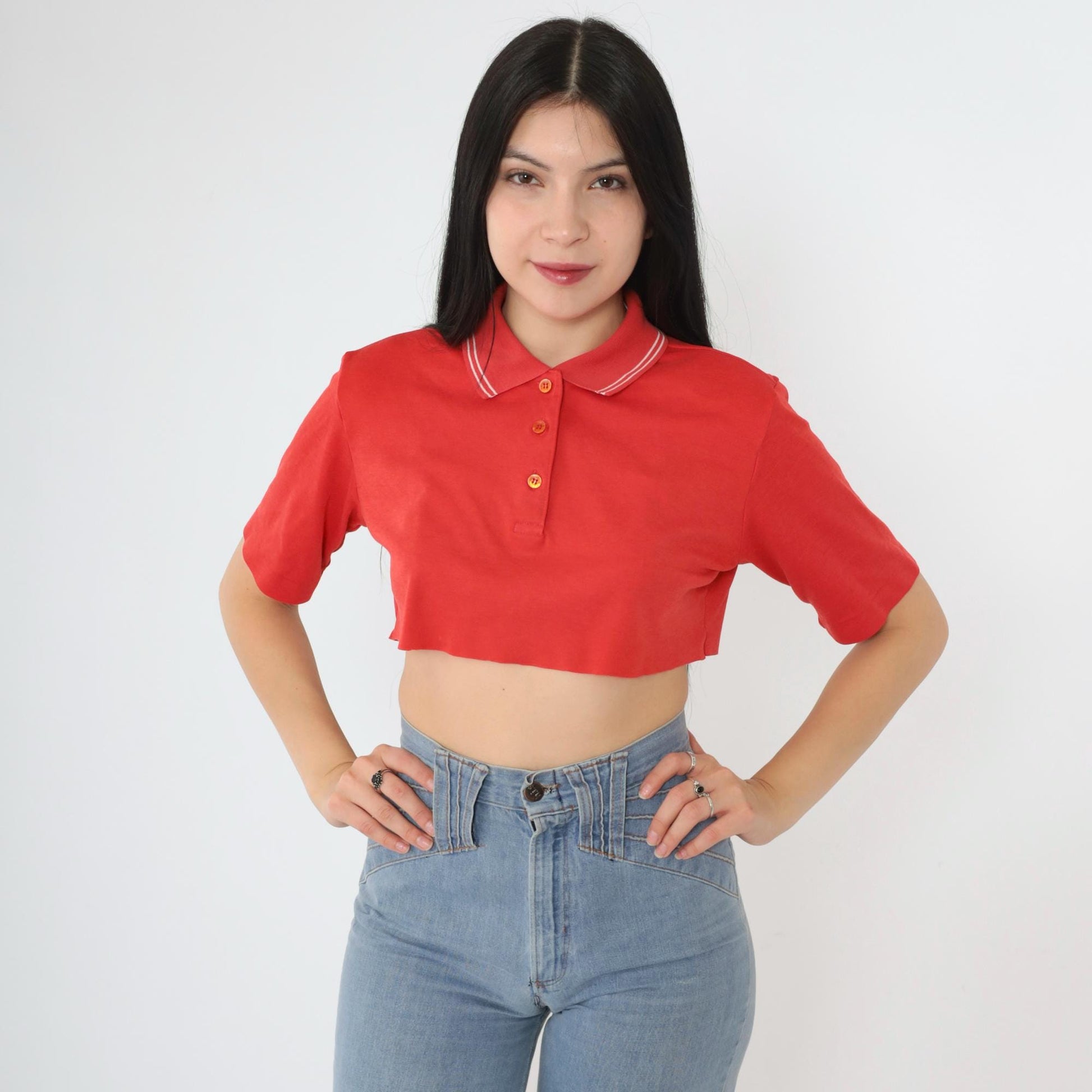 80s Cougar Golf Polo Crop Top Red White Stripe Raw Hem Small S
