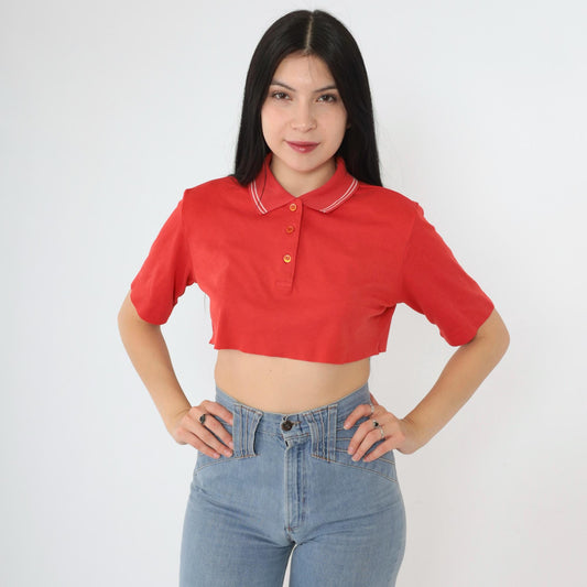 80s Cougar Golf Polo Crop Top Red White Stripe Raw Hem Small S