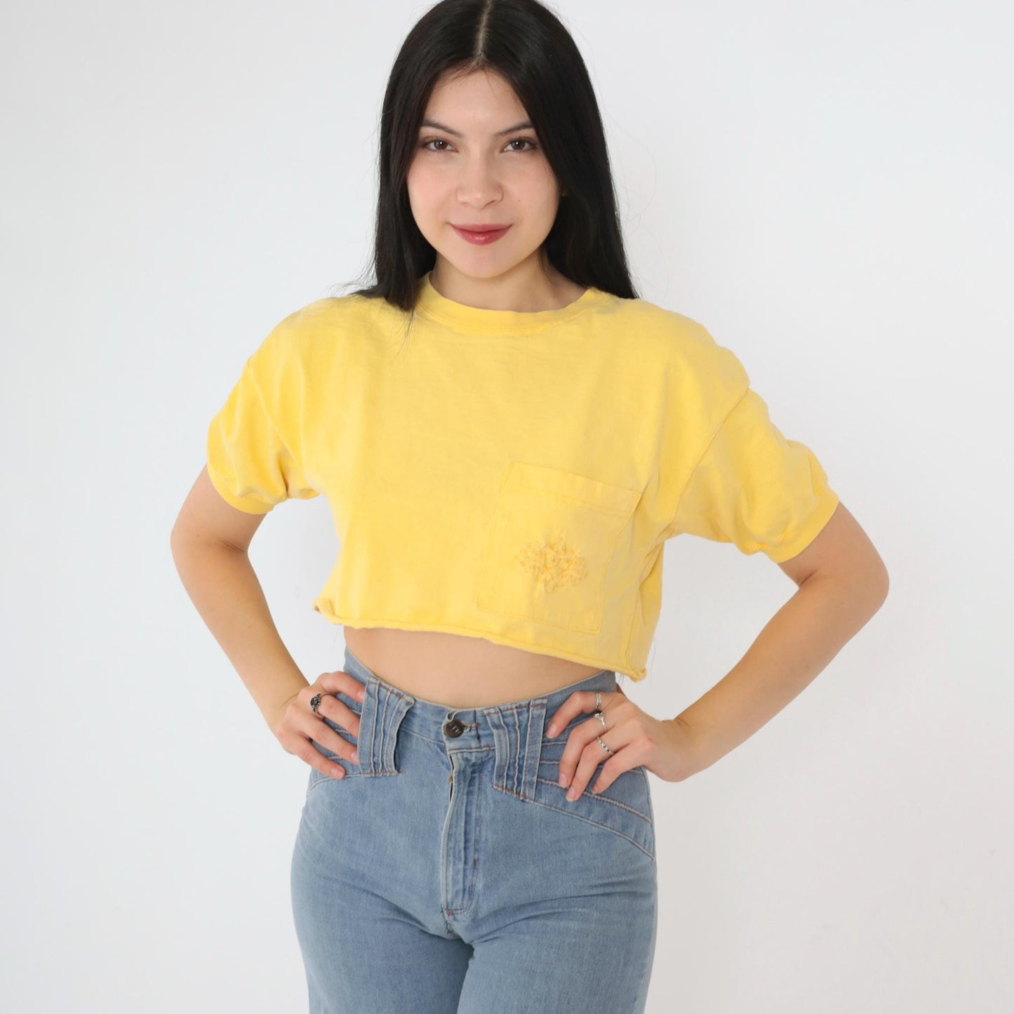 90s Yellow Crop Top Embroidered Pocket T-Shirt Small Medium