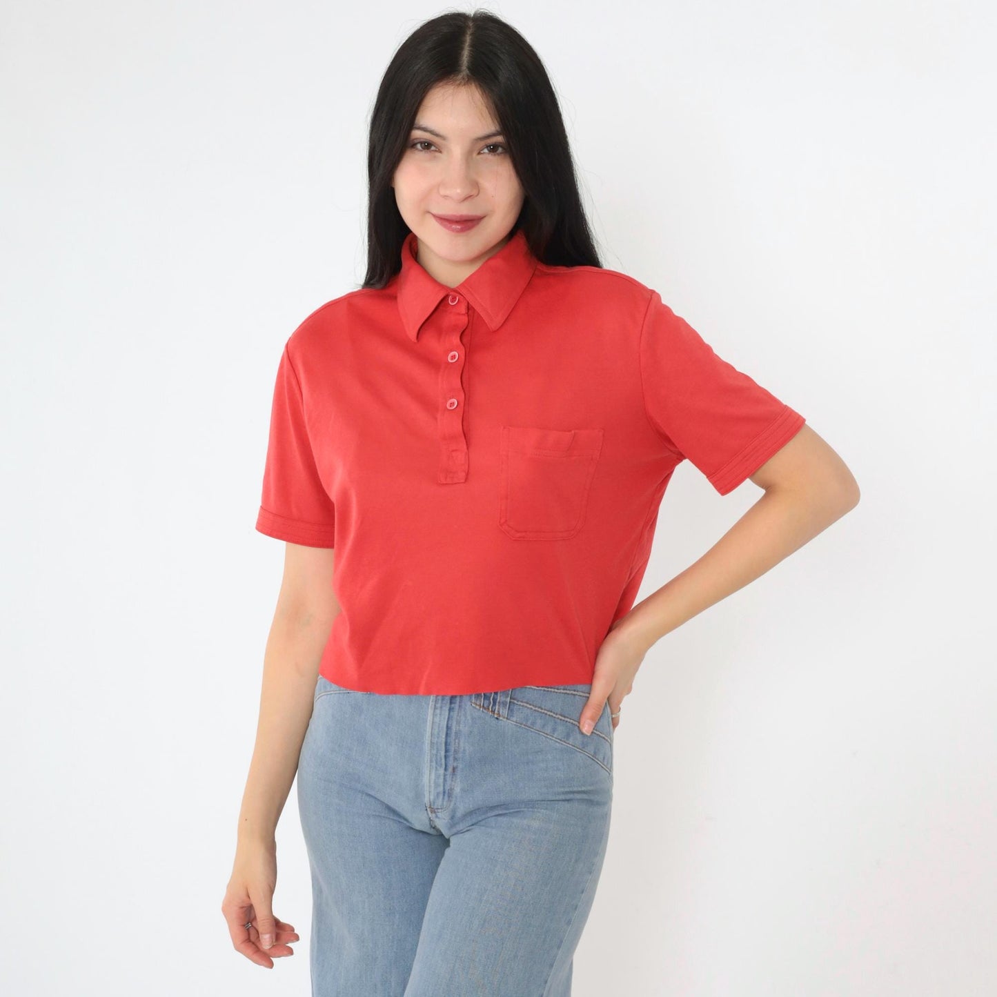 90s Red Polo Shirt Cropped Raw Hem Chest Pocket Medium M