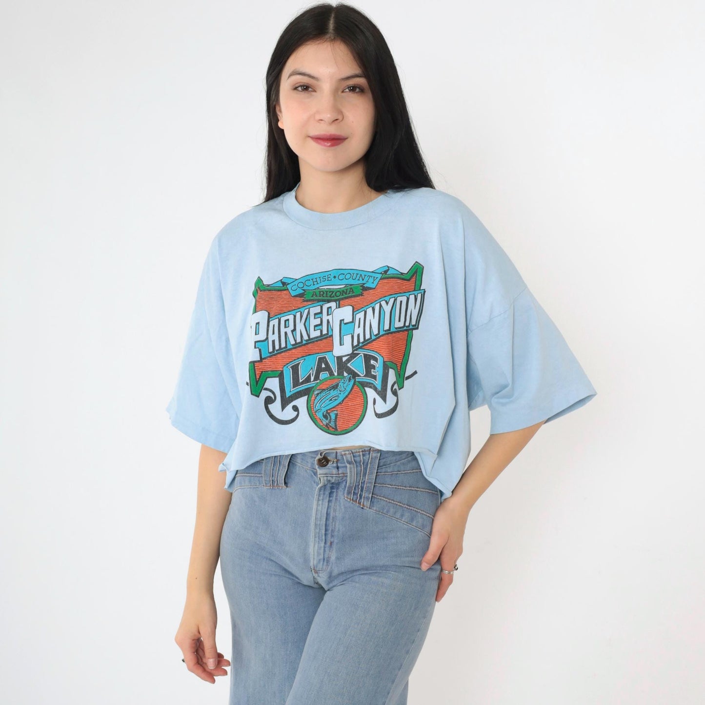 90s Parker Canyon Lake Arizona Fishing Graphic Crop Tee Baby Blue XXL