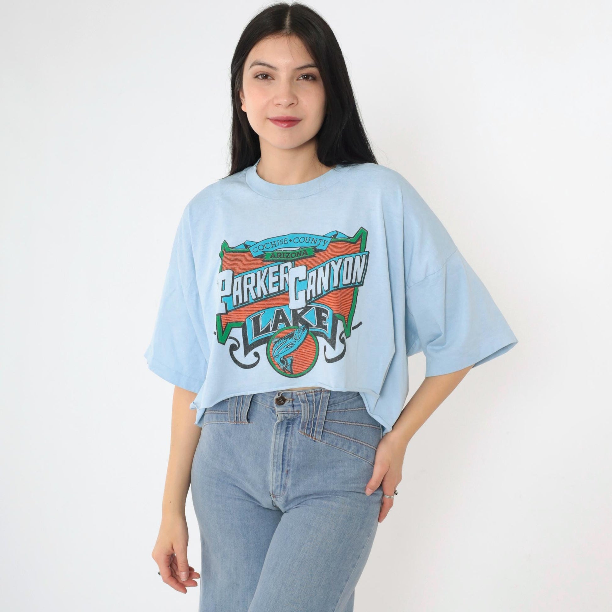 90s Parker Canyon Lake Arizona Fishing Graphic Crop Tee Baby Blue XXL