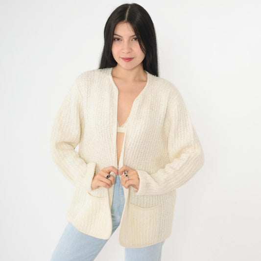 80s Sideffects Ivory Cardigan Ribbed Knit Open Front Pockets Large L