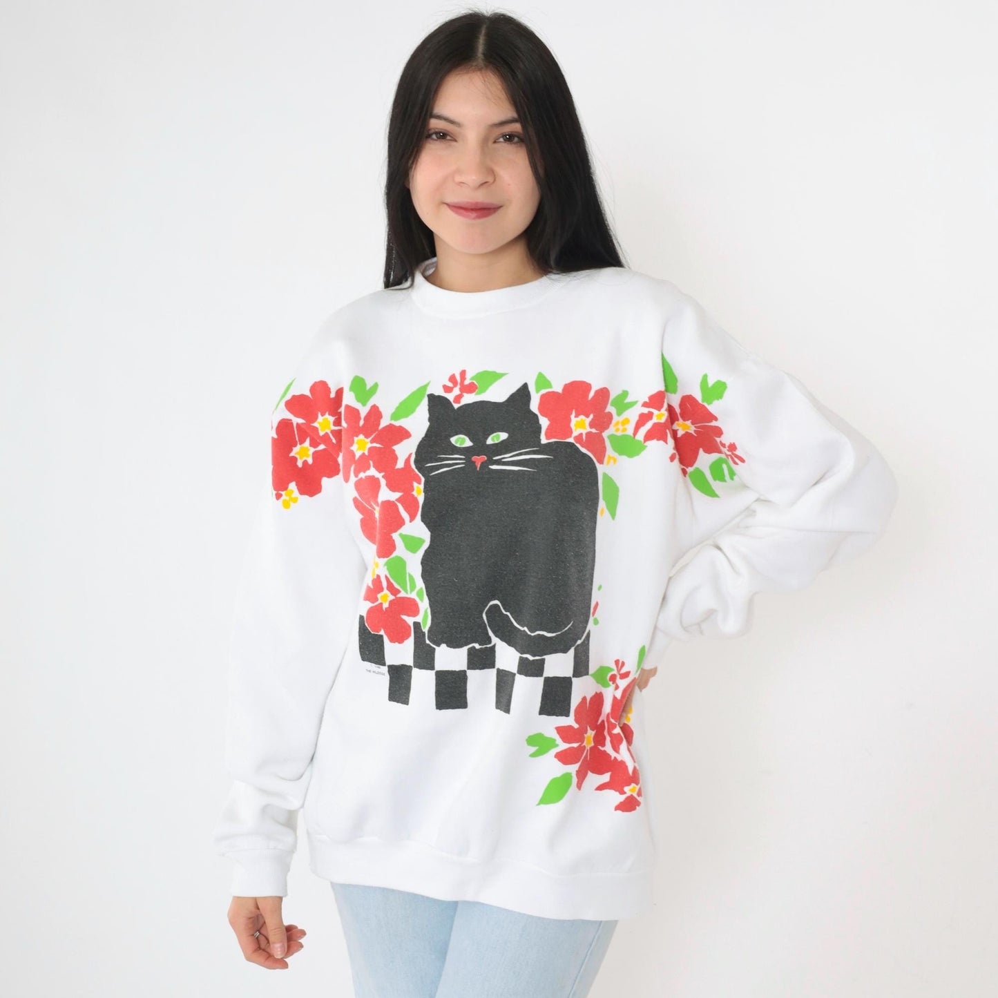 90s Cat Sweatshirt Black Graphic Crewneck White Red Hearts Large L