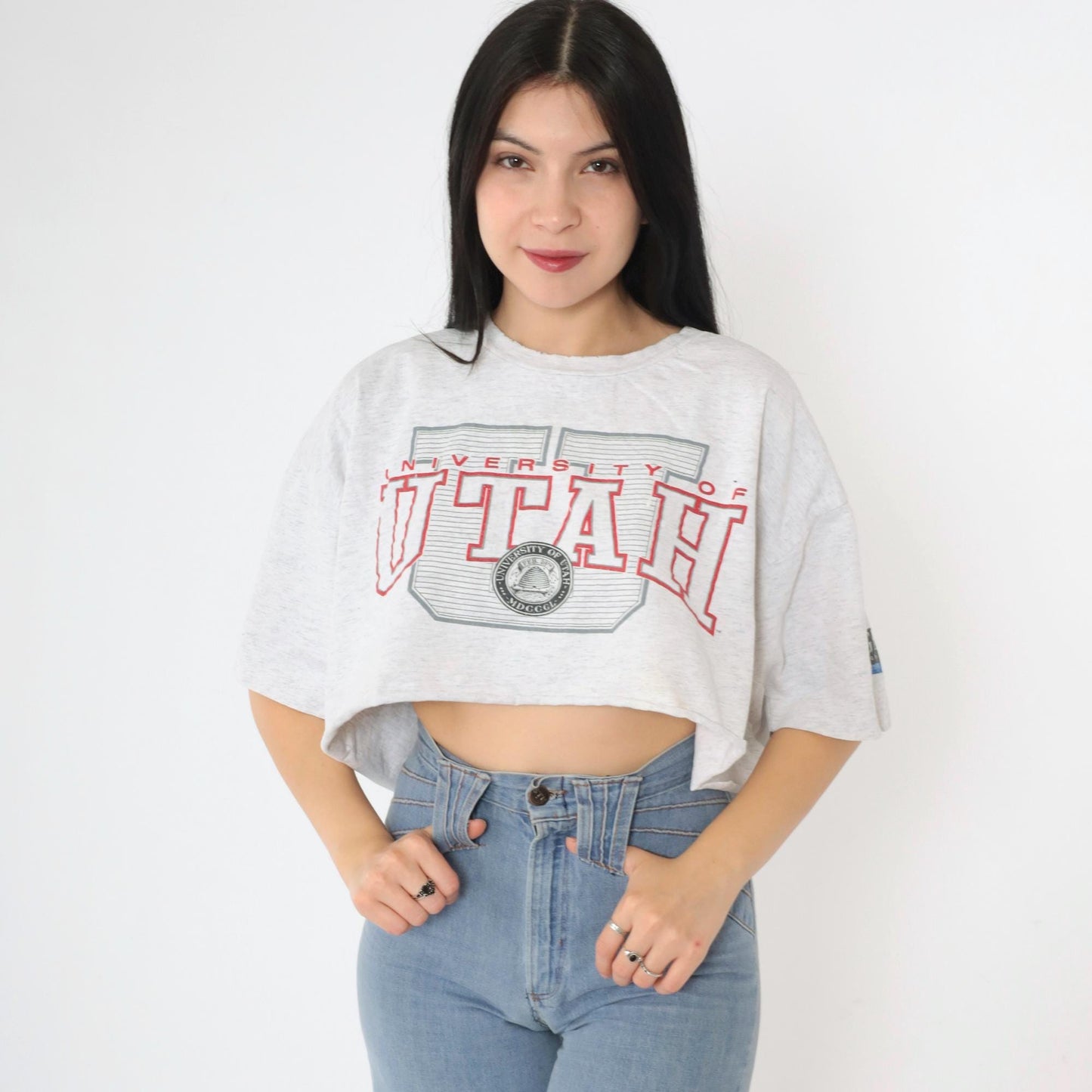 90s University of Utah Utes Crop Top Grey Graphic T-Shirt Cotton Medium