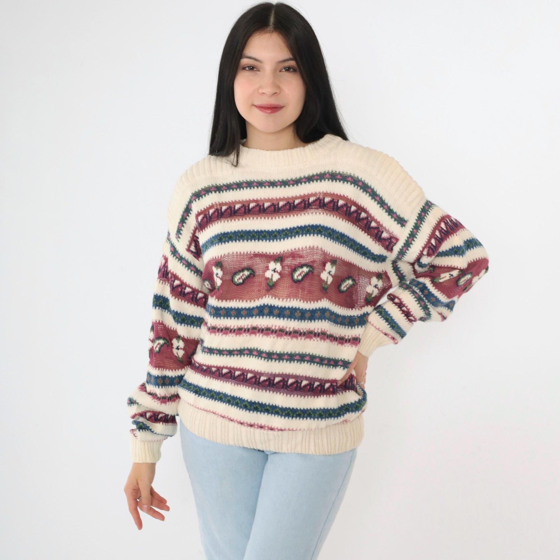 90s Woolrich Cream Knit Floral Sheer Stripe Pullover Crew Neck Medium M