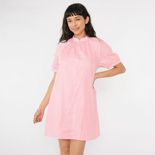 70s Pink Gingham Mini Dress Mandarin Collar Raglan Sleeve Small