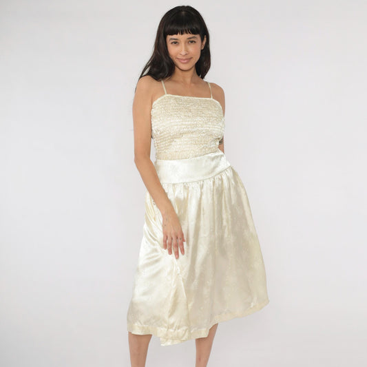80s Ivory Satin Jacquard Midi Dress Ruched Bodice Spaghetti Strap Small