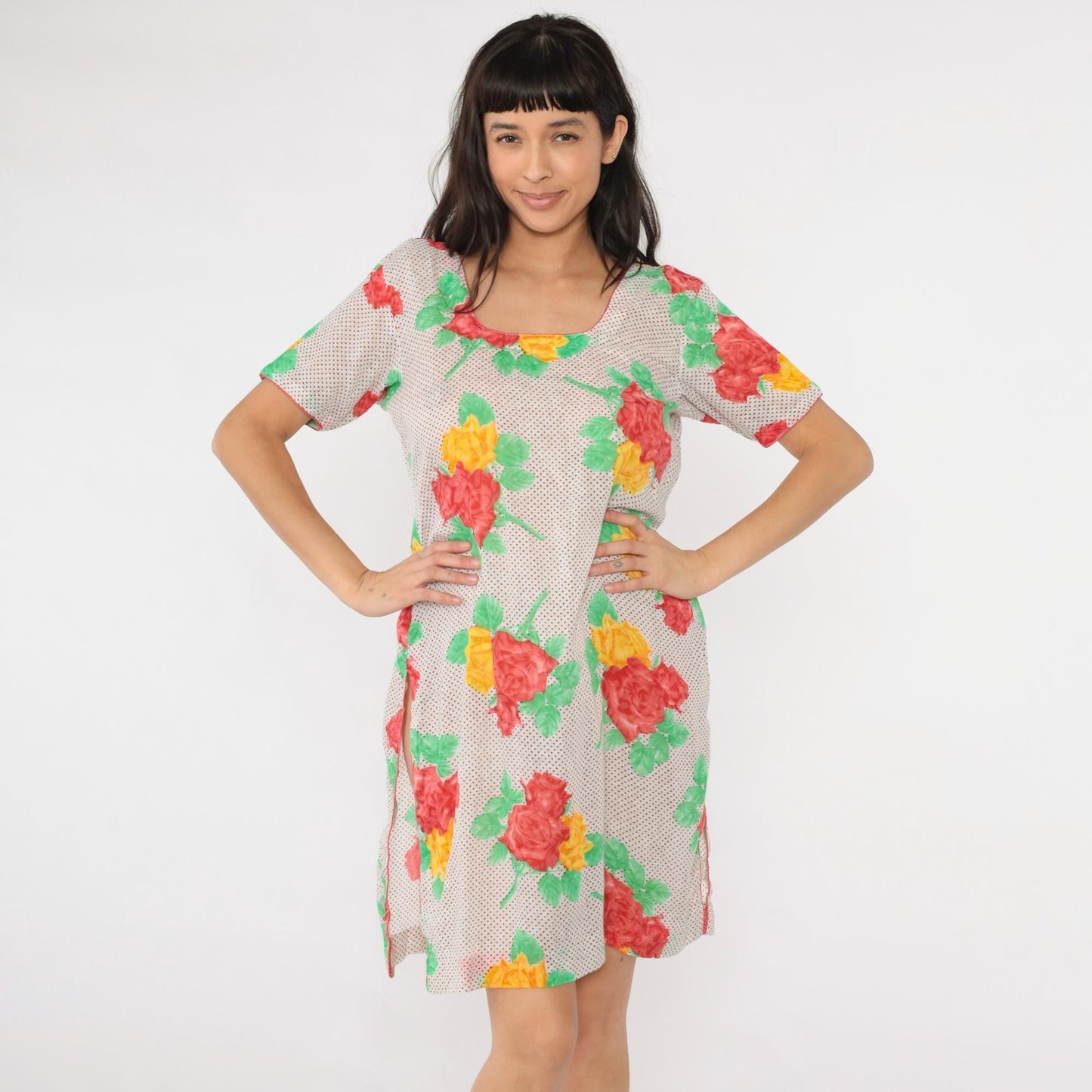 Y2K Polka Dot Floral Mini Dress Short Sleeve Shift Red Yellow Medium