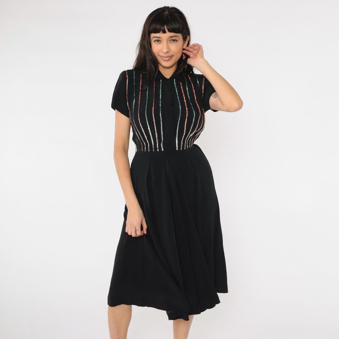 1950s Black Sequin Stripe Party Dress Midi Pleated Skirt Small S