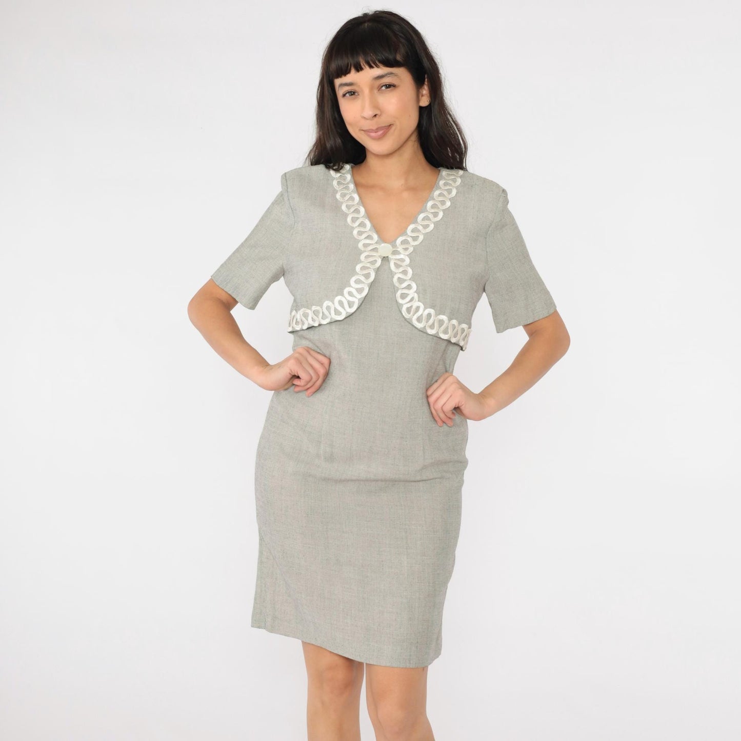 80s Grey Sheath Dress Pencil Silhouette Illusion Bolero Small