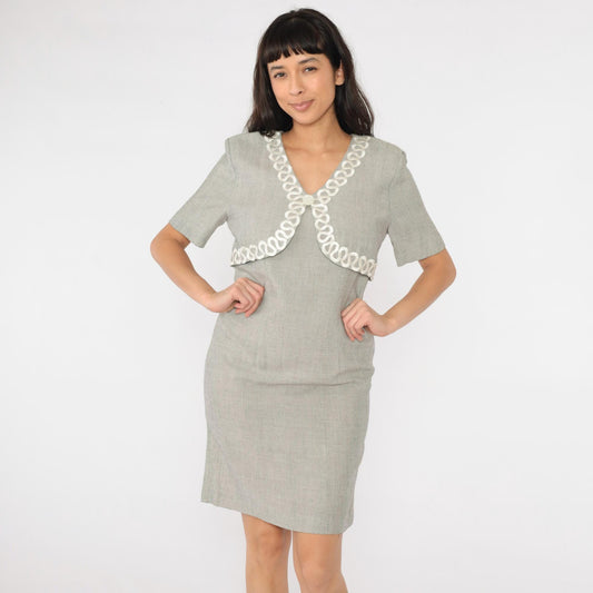 80s Grey Sheath Dress Pencil Silhouette Illusion Bolero Small