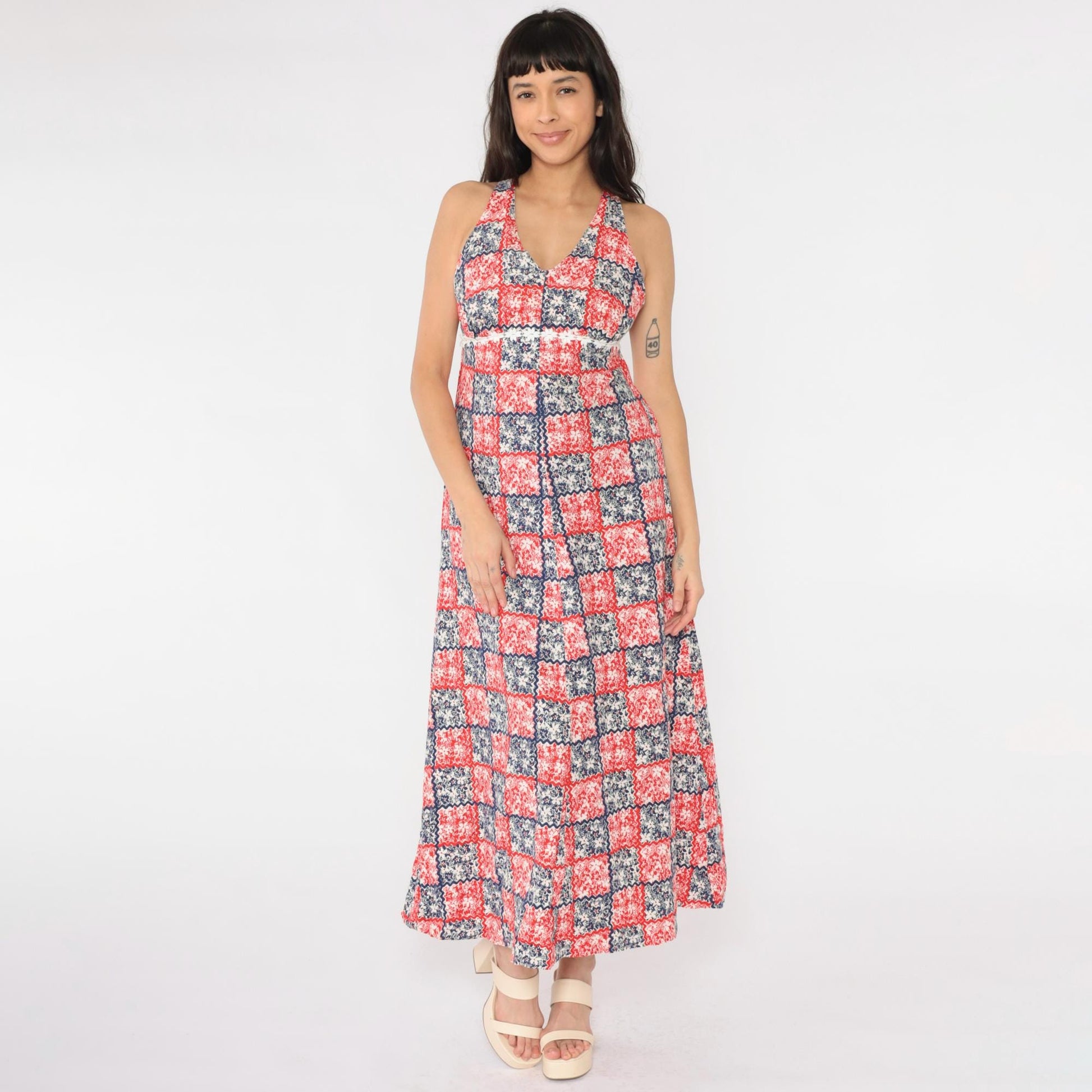 70s Patchwork Floral Maxi Halter Dress Red White Blue Empire Waist Small