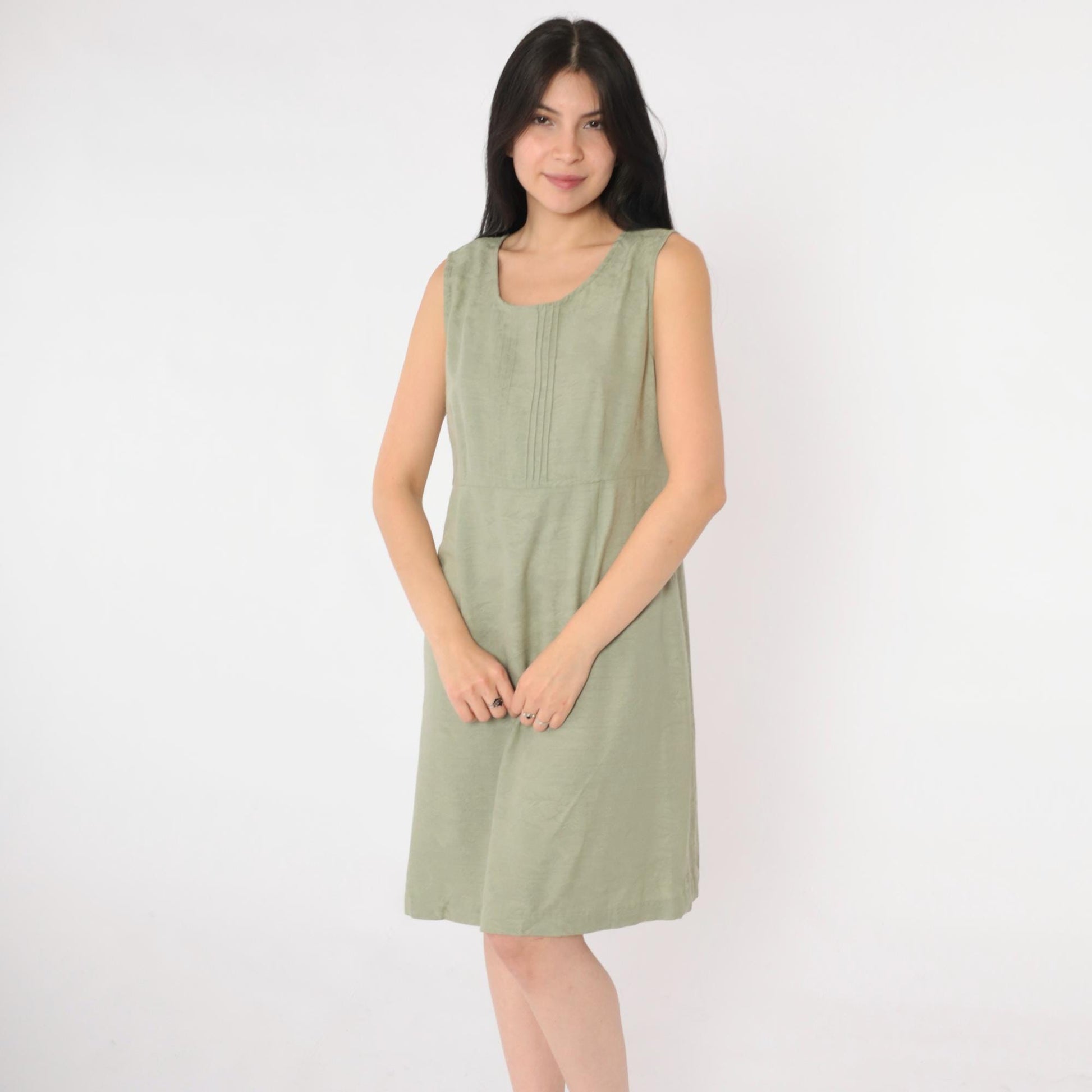 90s Karin Stevens Floral Jacquard Mini Dress Olive Green Sleeveless Small