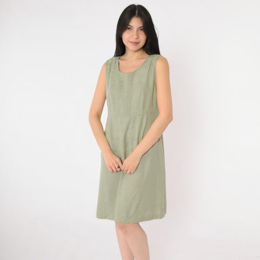90s Karin Stevens Floral Jacquard Mini Dress Olive Green Sleeveless Small